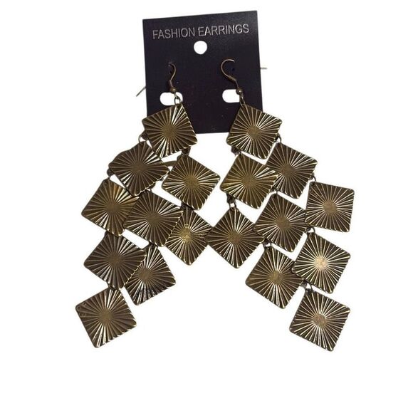 Bronze Geometric Square Chandelier Dangle Fashion Earrings Deco Boho 4.5" NEW - Picture 1 of 5